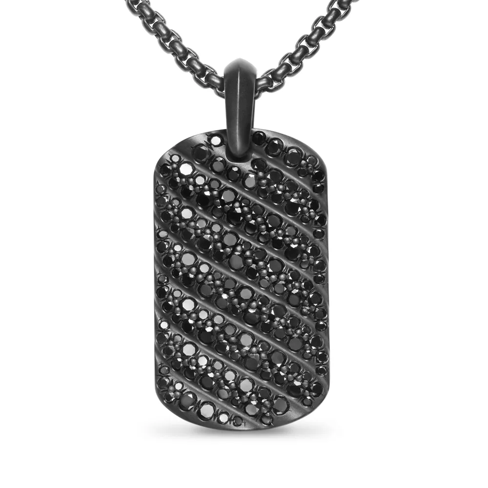 Black titanium • Pavé-set black diamonds, 3.69 total carat weight • Tag, 35 x 20.3mm • Total length, 43mm • Tag only; chain not included.