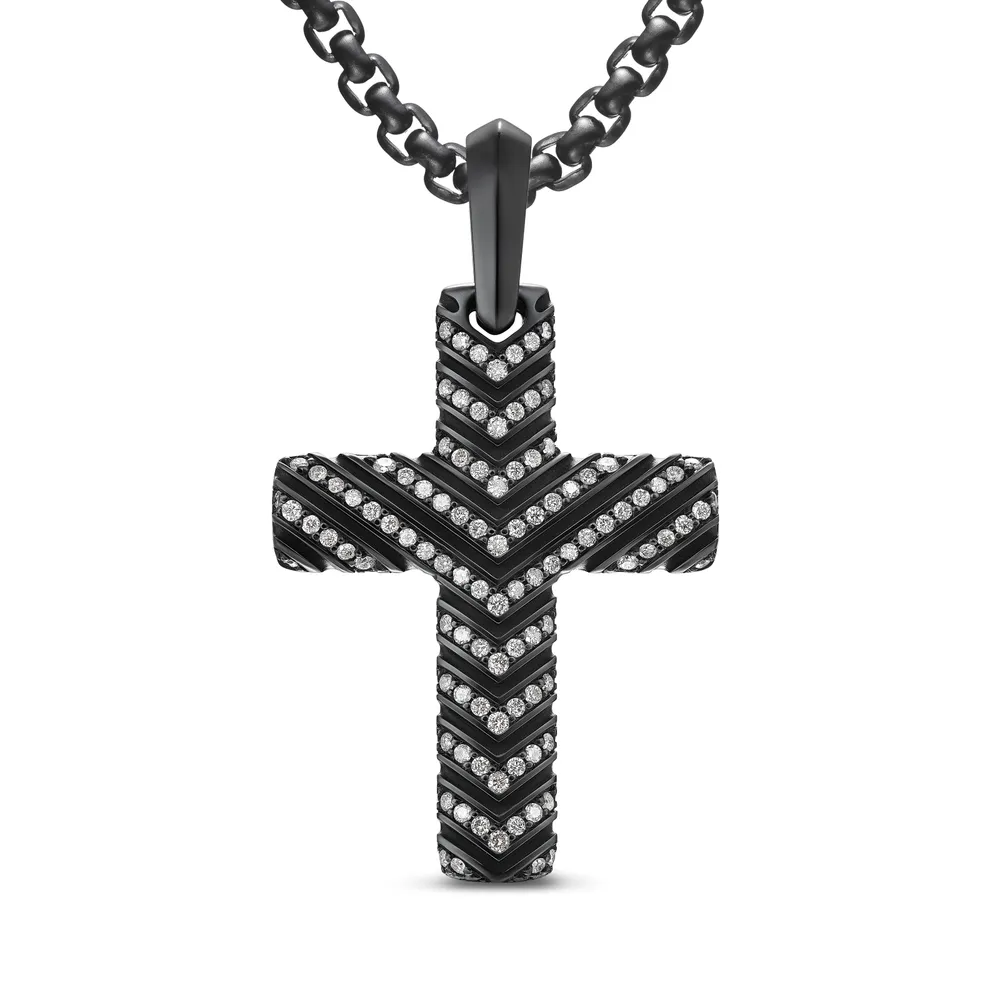 Black titanium • Pavé-set diamonds, 0.60 total carat weight • Cross, 36 x 26.9mm • Total length, 49mm • Cross only; chain not included
