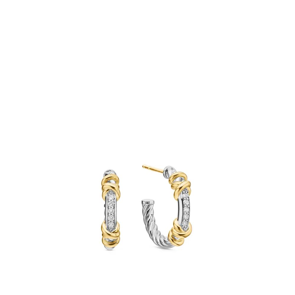 Petite Helena Wrap Hoop Earrings in Sterling Silver with 18K Yellow Gold and Diamonds, 3/4in