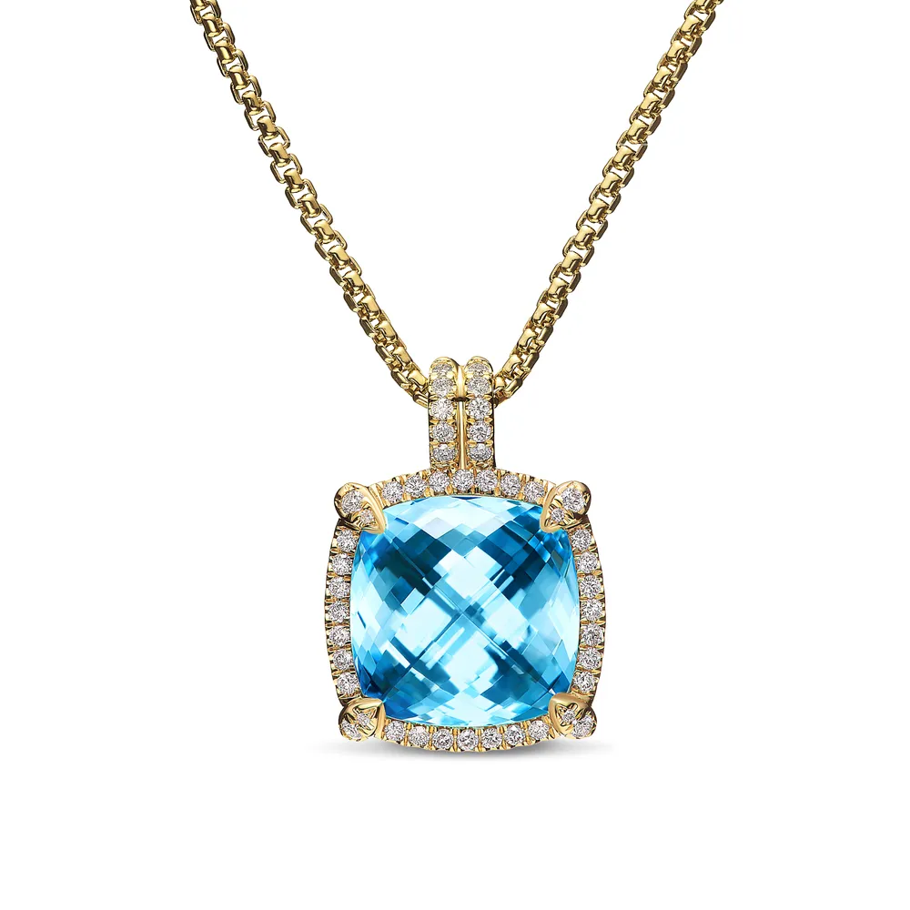 18-karat yellow gold • Blue topaz, 12.25 total carat weight, Stone, 14mm- Pavé-set diamonds, 0.39 total carat weight • Adjustable length, 17-18in • Chain, 1.7mm • Pendant, 17.2mm • Lobster clasp- This item can be resized. Please contact customer care for more information. • Functioning bail allows pendant to attach to a necklace or bracelet.