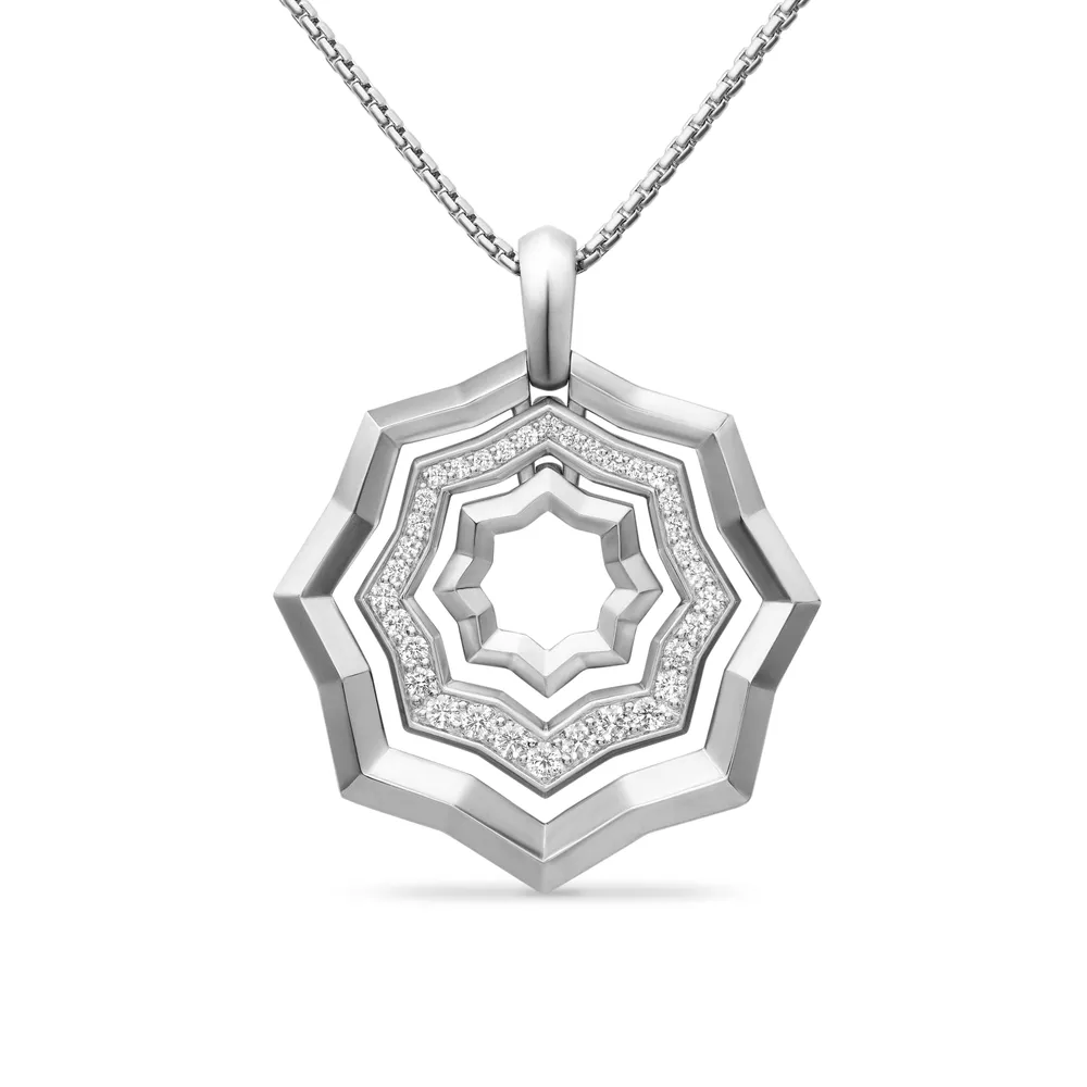 Sterling silver • Pavé-set diamonds, 0.36 total carat weight • Adjustable length, 18in • Pendant, 28 x 28mm • Lobster clasp-