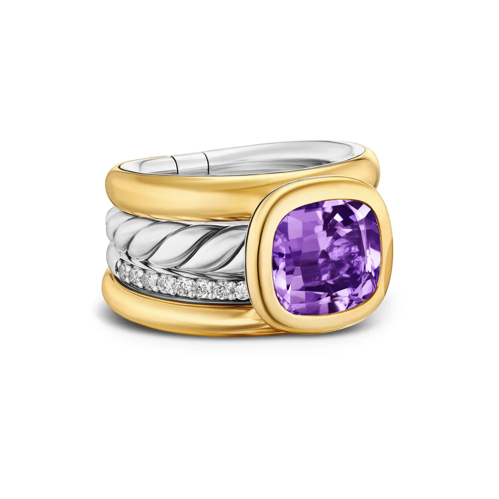 DY Mercer® Four Row Stone Ring in Sterling Silver with 18K Yellow Gold, Amethyst and Diamonds, 14mm
