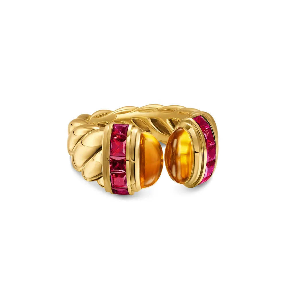 Sculpted Cable Open Cocktail Ring in 18K Yellow Gold with Madeira Citrine and Rubellites, 12.4mm