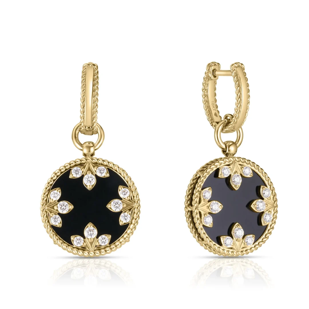 VENETIAN MEDALLIONS MEDIUM DIAMOND AND BLACK JADE DANGLE EARRINGS