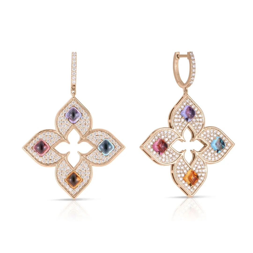 VENETIAN PRINCESS CARNIVAL PAVE DIAMOND & MIXED STONES LARGE OPEN FLOWER DROP EARRINGS