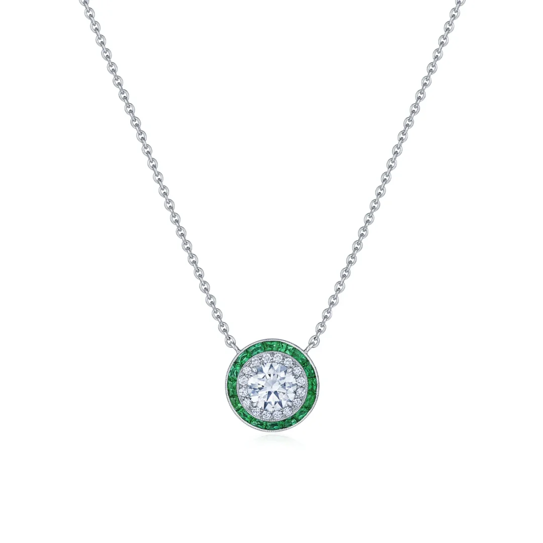Silhouette Round Diamond and Emerald Halo Pendant