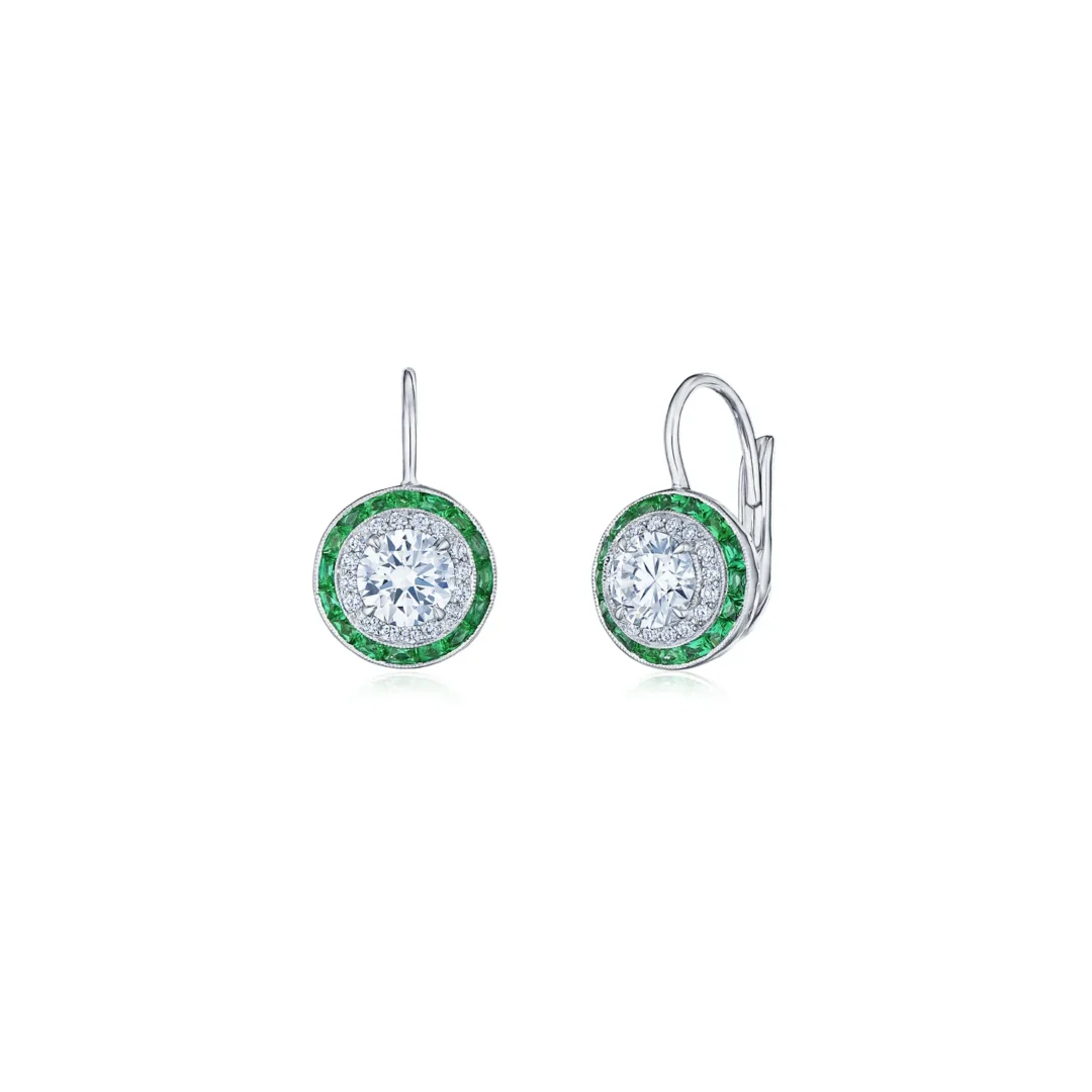 Silhouette Round Diamond and Emerald Halo Drop Earrings