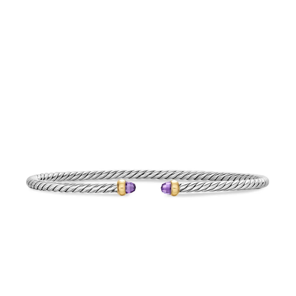 Micro Cable Flex® Bracelet in Sterling Silver with 14K Yellow Gold and Amethyst, 2.6mm