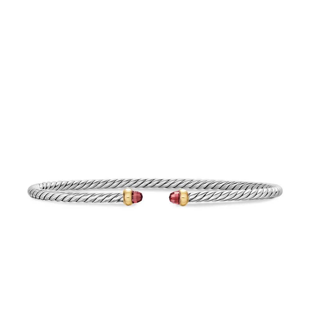Micro Cable Flex® Bracelet in Sterling Silver with 14K Yellow Gold and Rhodolite Garnet, 2.6mm