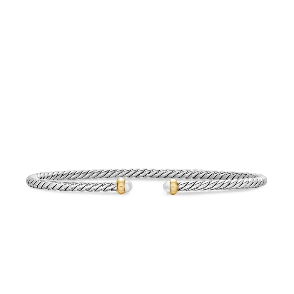 Micro Cable Flex® Bracelet in Sterling Silver with 14K Yellow Gold and Pearls, 2.6mm