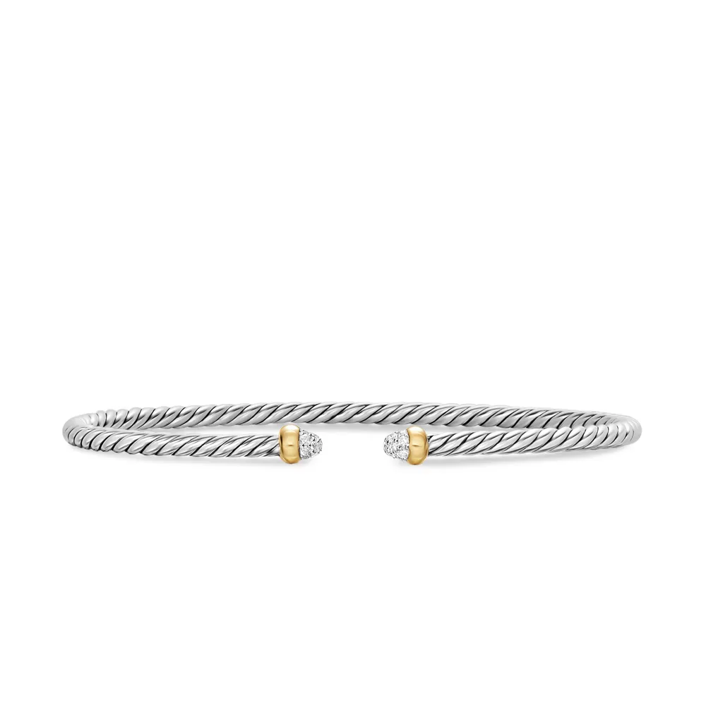 Micro Cable Flex® Bracelet in Sterling Silver with 14K Yellow Gold and Diamonds, 2.6mm