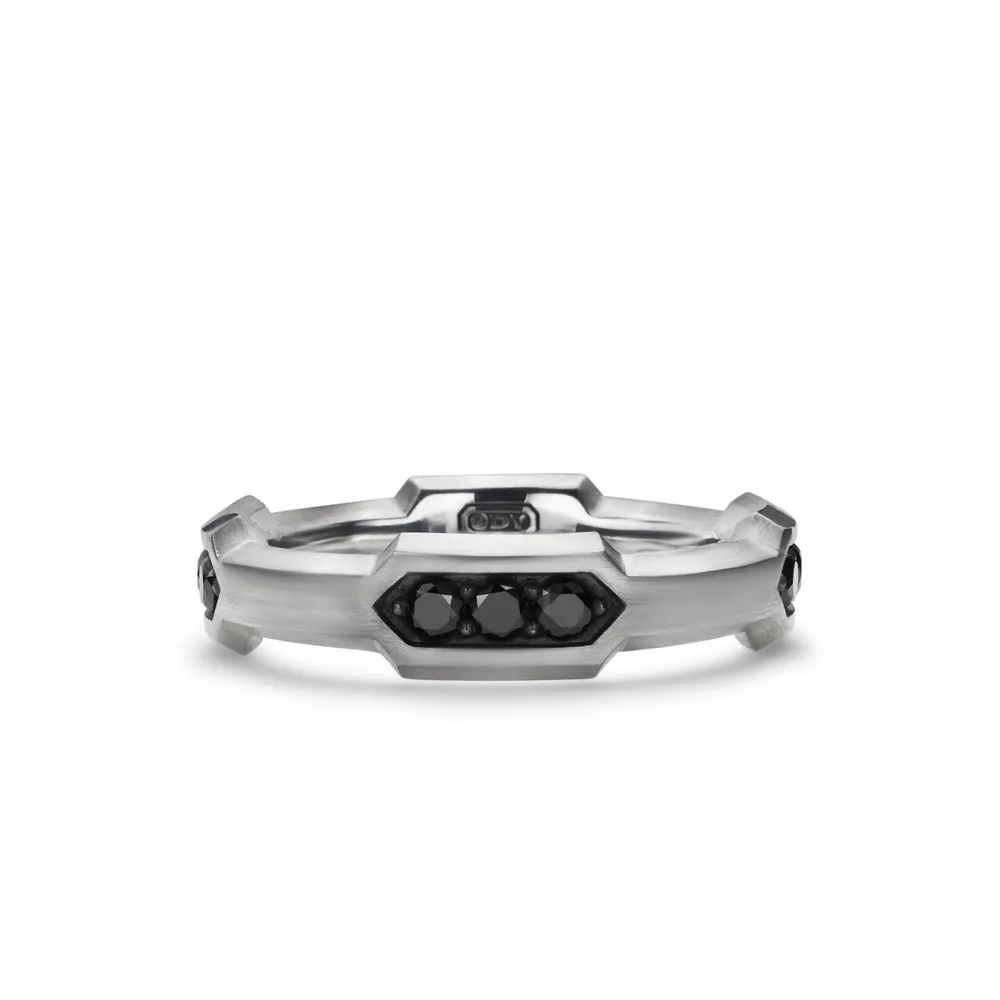 Hex Station Band Ring in Sterling Silver with Black Diamonds, 6mm