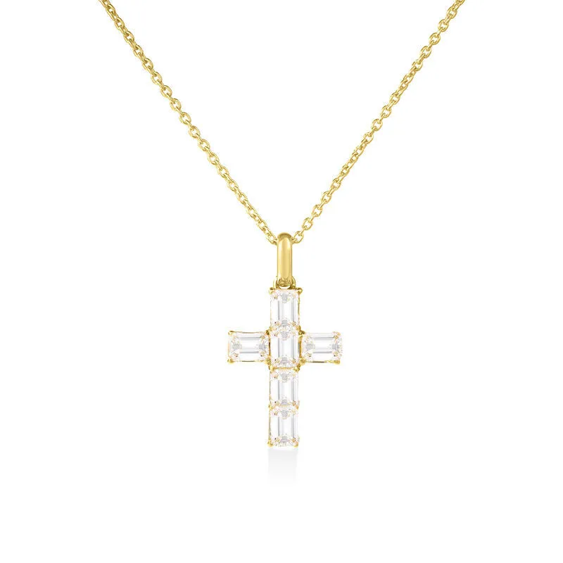 TINY TREASURES EMERALD CUT DIAMOND CROSS NECKLACE
