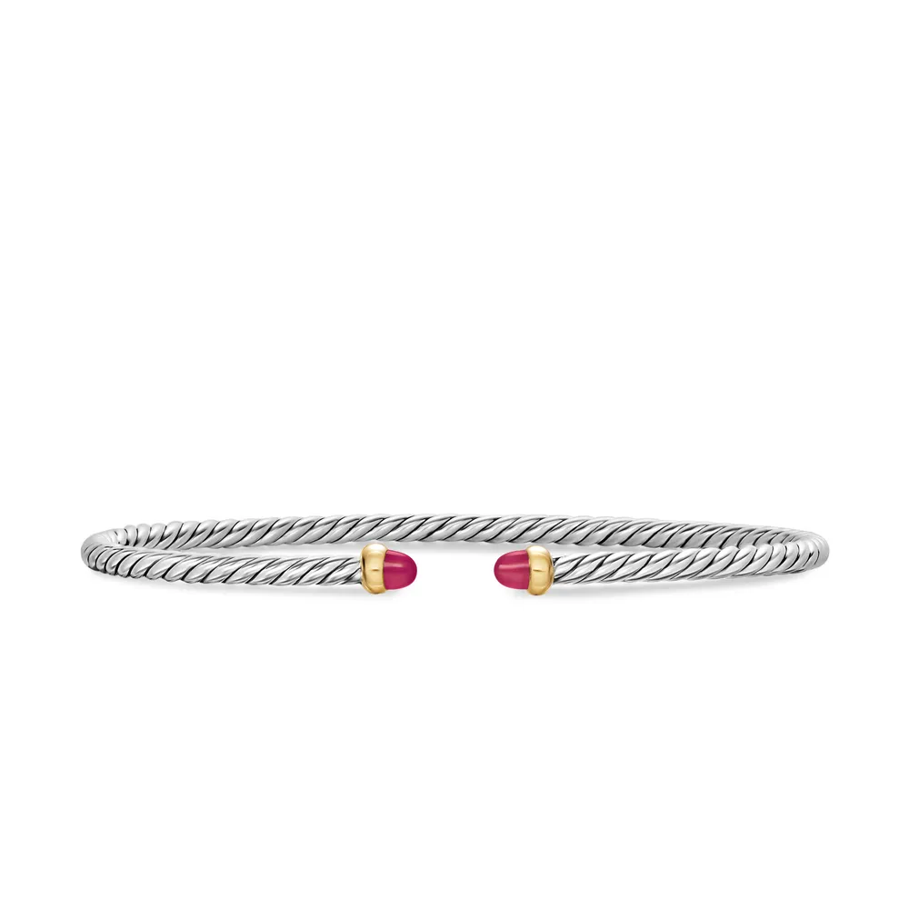 Micro Cable Flex® Bracelet in Sterling Silver with 14K Yellow Gold and Rubies, 2.6mm