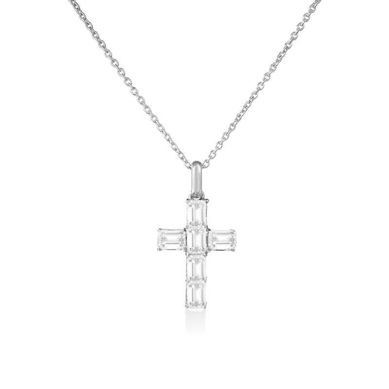 TINY TREASURES EMERALD CUT DIAMOND CROSS NECKLACE