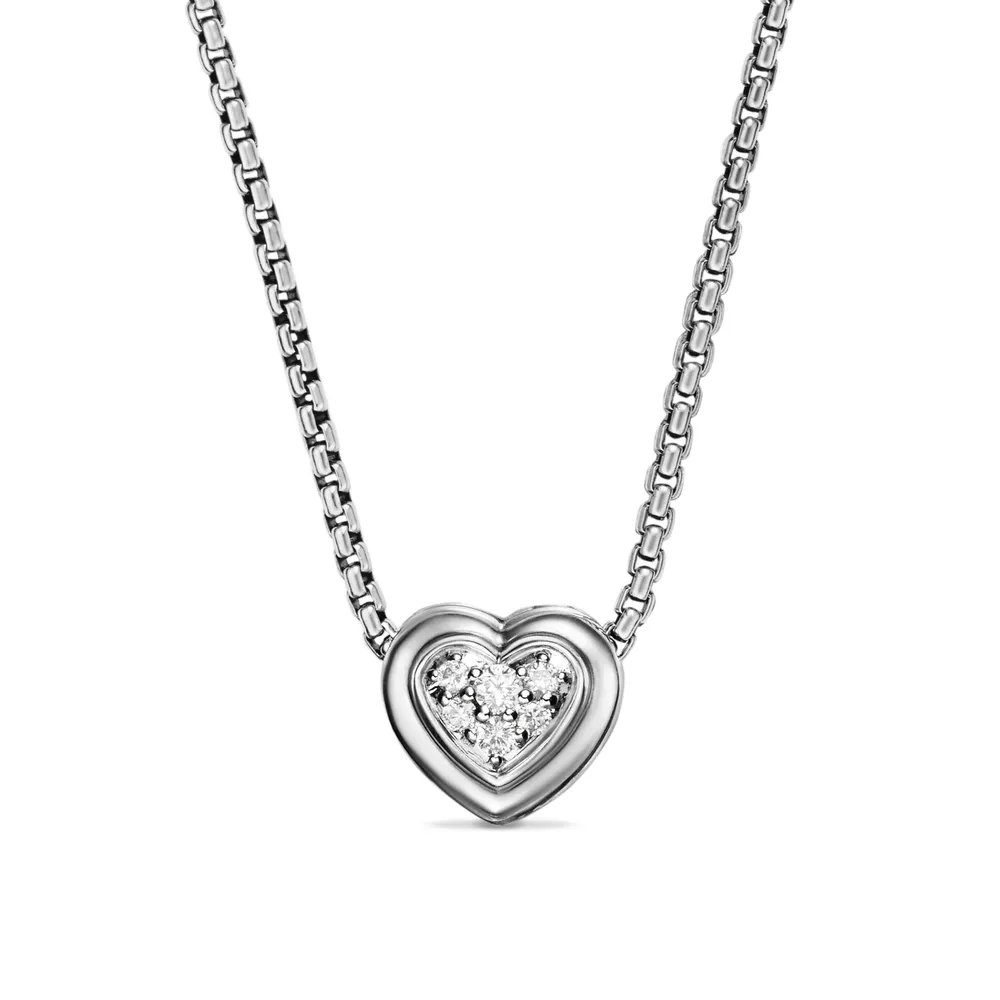 Puffy Heart Pendant Necklace in Sterling Silver with Diamonds, 7.8mm