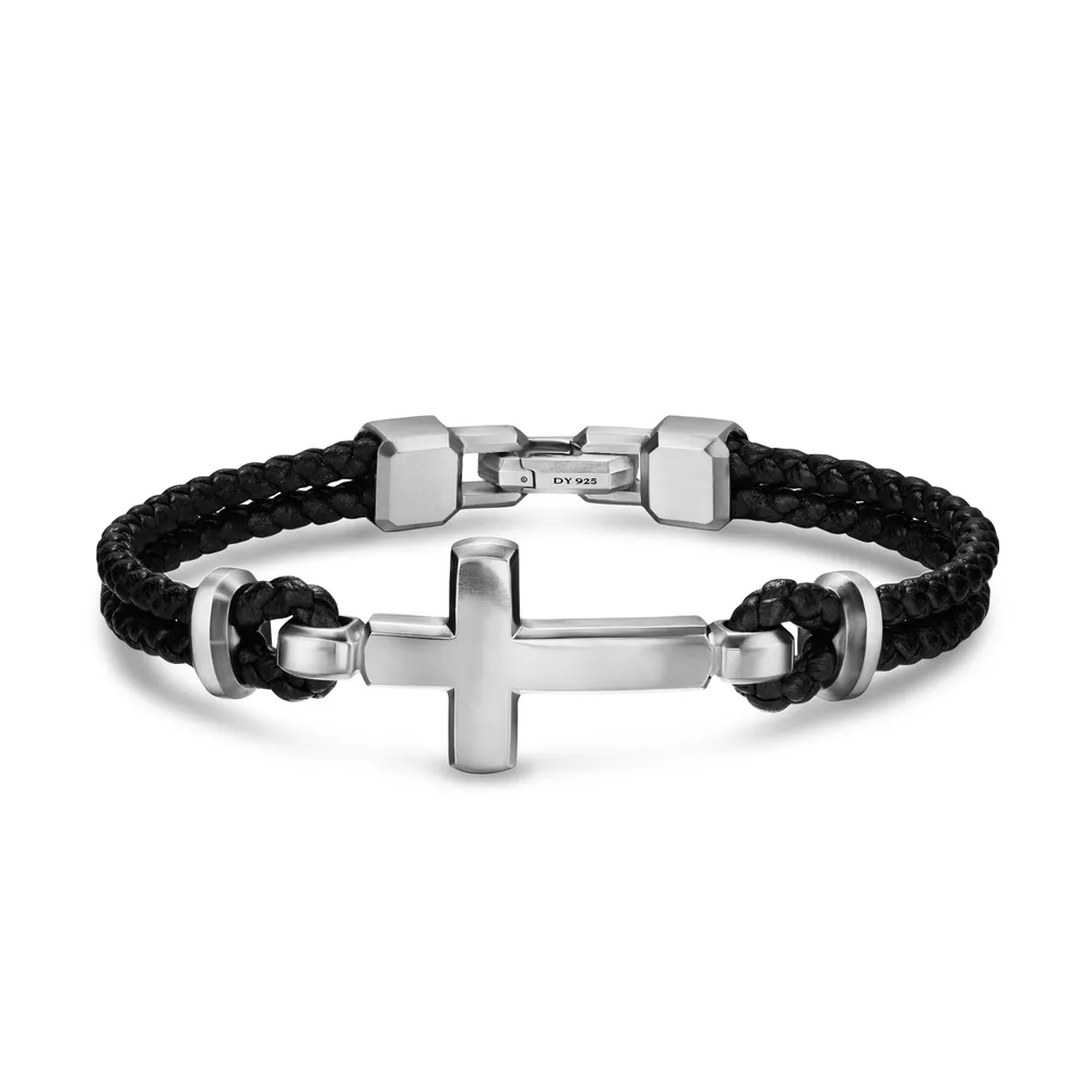 Streamline® Cross Station Bracelet in Black Leather with Sterling Silver, 17mm
