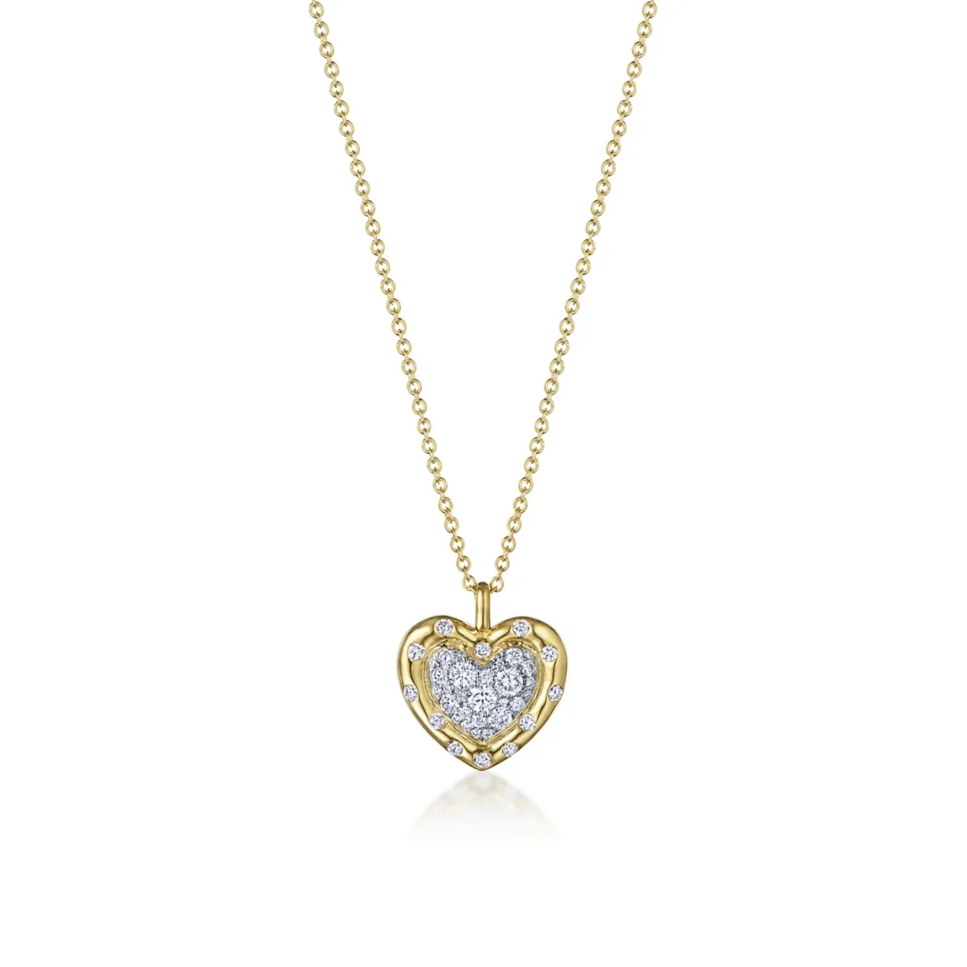 COBBLESTONE FRAMED HEART PENDANT WITH DIAMONDS IN 18K YELLOW AND WHITE GOLD